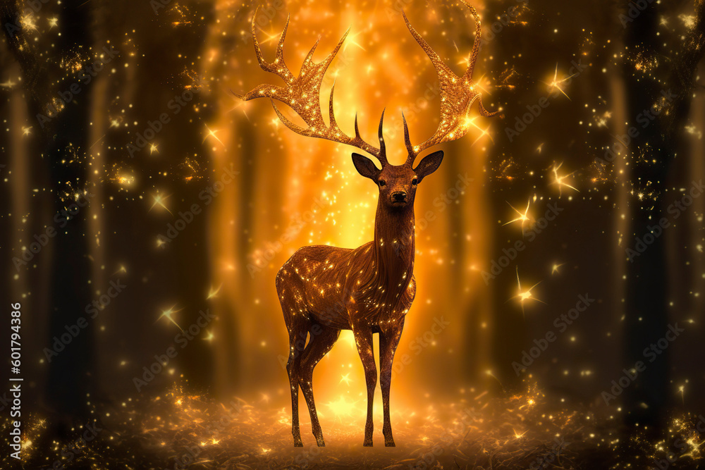 Reindeer, golden glowing lights. Generative AI. Reindeer, golden glowing lights. Generative AI.