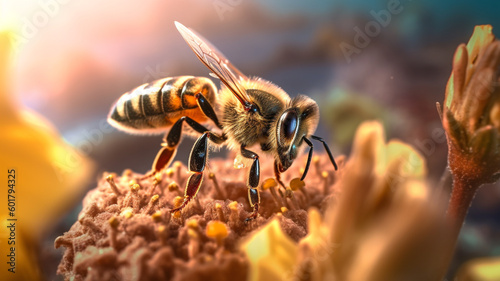 closeup of bee taking polen from a sunflower flower generative ai
