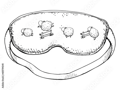 Ink hand drawn vector graphic sketch of isolated object. Travel accessory for tourist, sleeping mask with jumping sheep. Design for tourism, travel, brochure, booklet, guide, print, card, tattoo.