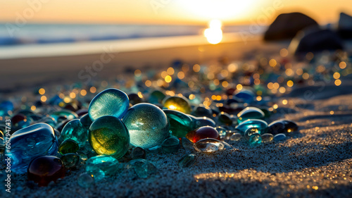 Blue glass beads scattered on a beach, their rounded forms and rich colors of light teal and dark emerald reflecting the sunlight.