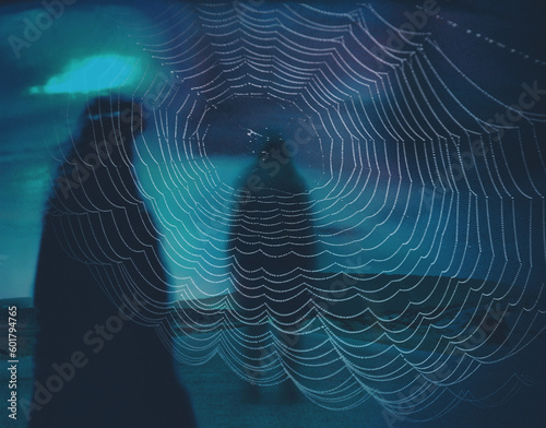 Shadow stalking illustration with spider web. 