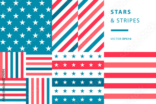 Stars and stripes, patriotic patterns in red, white and blue