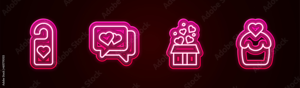 Set line Please do not disturb with heart, Heart in speech bubble, Gift box hearts and Wedding cake. Glowing neon icon. Vector