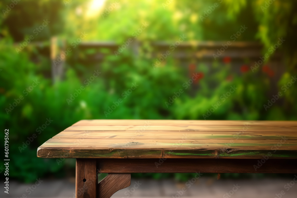 Empty wooden table in natural green garden outdoor, Generative AI Empty wooden table in natural green garden outdoor, Generative AI