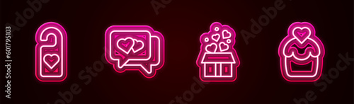 Set line Please do not disturb with heart, Heart in speech bubble, Gift box hearts and Wedding cake. Glowing neon icon. Vector