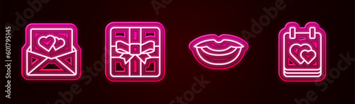 Set line Envelope with Valentine heart, Gift box, Smiling lips and Calendar. Glowing neon icon. Vector