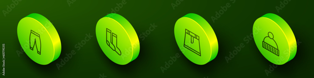Set Isometric line Pants, Socks, Skirt and Beanie hat icon. Vector Set Isometric line Pants, Socks, Skirt and Beanie hat icon. Vector