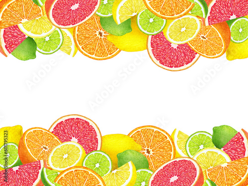 Fototapeta Naklejka Na Ścianę i Meble -  Fruit background with orange, grapefruit, lemon and lime. Hand-drawn illustration, digitally colored. 
