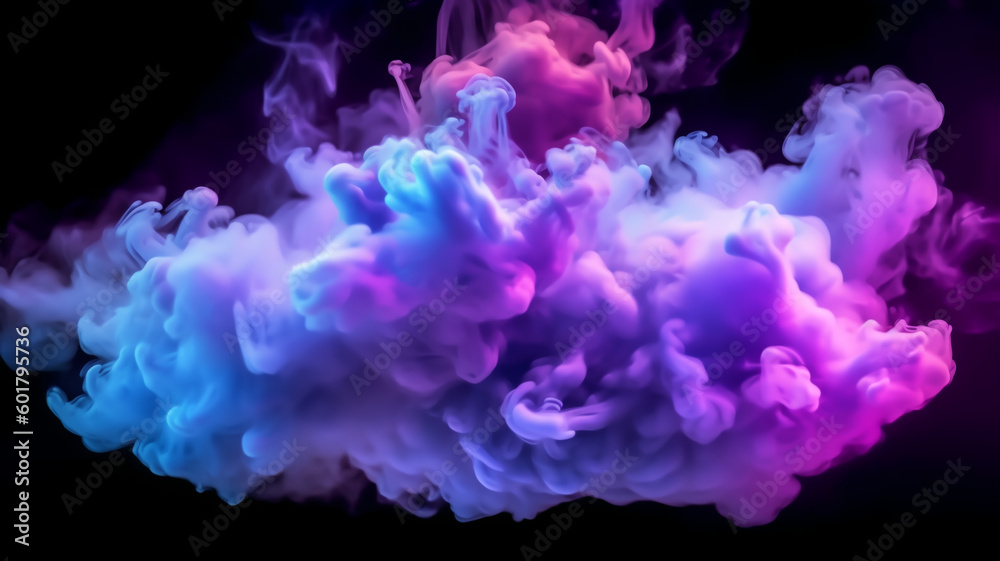 Fototapeta premium Neon blue and purple multicolored smoke puff cloud design elements on a dark background, Generative AI