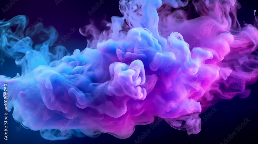 Neon blue and purple multicolored smoke puff cloud design elements on a dark background, Generative AI