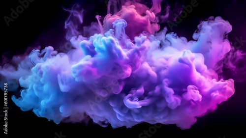 Neon blue and purple multicolored smoke puff cloud design elements on a dark background, Generative AI © mizan