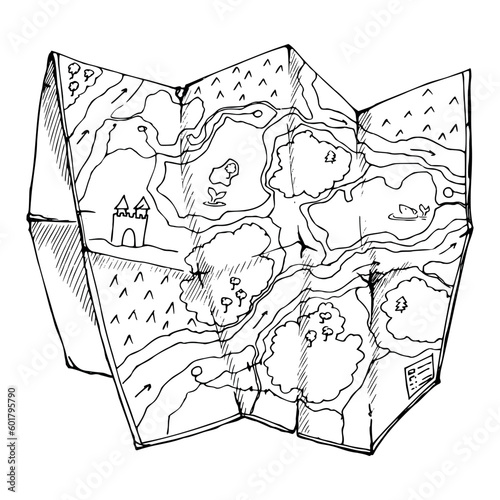 Ink hand drawn vector graphic sketch of isolated object. Unfolded paper map for navigation and orientation, region view. Design for tourism, travel, brochure, wedding, guide, print, card, tattoo.