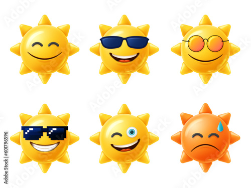 Sun 3D character. Happy yellow sun emoji with smiled face and sunglasses, hot summer season vector illustration set