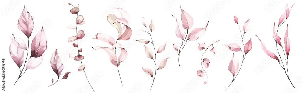 Watercolor floral set of pink leaves, greenery, branches, twigs etc. Cut out hand drawn PNG illustration on transparent background. Watercolour clipart drawing.