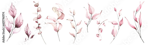 Watercolor floral set of pink leaves, greenery, branches, twigs etc. Cut out hand drawn PNG illustration on transparent background. Watercolour clipart drawing.