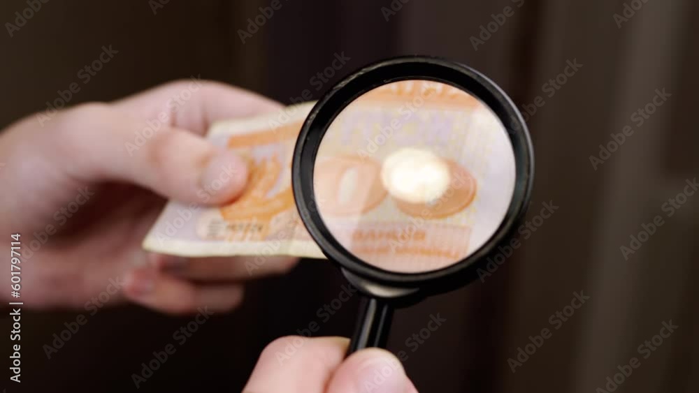 Teenager Examining Old Ukrainian Money, Coupons through a Magnifying Glass. Close-up hands. Body part. Boy looks at signs, symbols, numbers on banknotes. Hobby. Grey blurred background. Collecting.