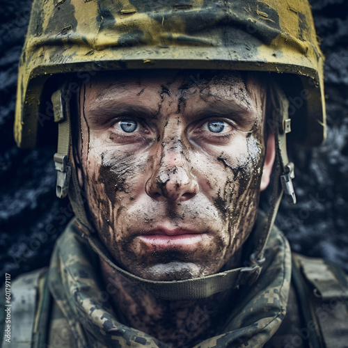 Closeup of muddy Ukrainian soldier. Generative AI.