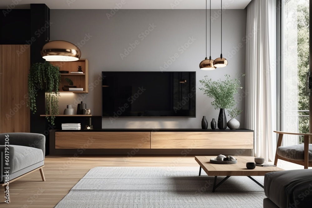 Stylish TV Cabinet with Mounted Flat-Screen in Contemporary Living Room generative AI Stylish TV Cabinet with Mounted Flat-Screen in Contemporary Living Room generative AI