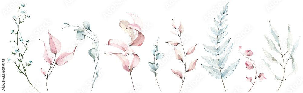 Watercolor floral set of pink, blue leaves, greenery, branches, twigs etc. Cut out hand drawn PNG illustration on transparent background. Watercolour clipart drawing.