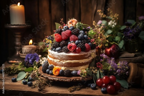 Flower and Berry Decorated Wedding Cake on Rustic Wooden Table generative AI