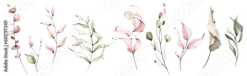 Watercolor floral set of pink, green leaves, greenery, branches, twigs etc. Cut out hand drawn PNG illustration on transparent background. Watercolour clipart drawing.