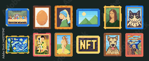 Pixel art framed paintings. Pixelated picture, 8-bit drawing image and digital art gallery vector illustration set