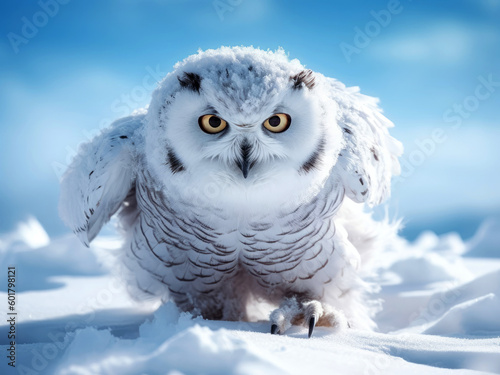 Happy and funny arctic owl in winter