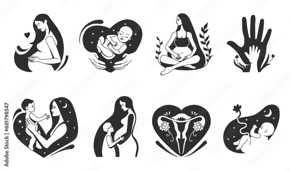 Hand drawn motherhood. Pregnant women, mother with child and womb maternity symbol minimal vector illustration set