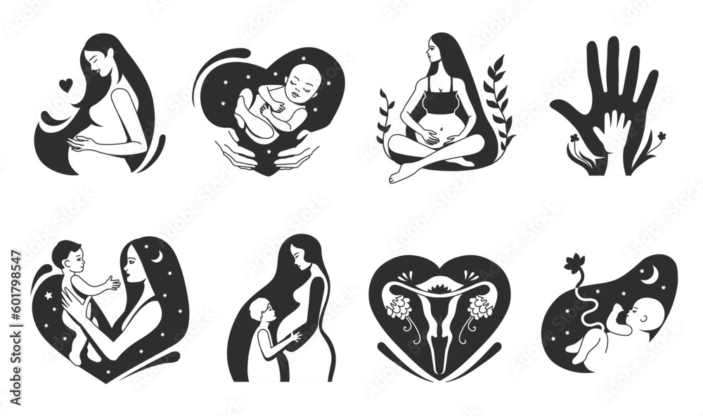 Hand drawn motherhood. Pregnant women, mother with child and womb maternity symbol minimal vector illustration set Hand drawn motherhood. Pregnant women, mother with child and womb maternity symbol minimal vector illustration set