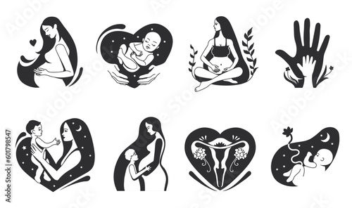 Hand drawn motherhood. Pregnant women, mother with child and womb maternity symbol minimal vector illustration set