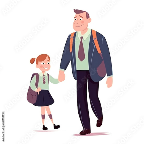 Father leading his pupil daughter to school. Portrait of modern family walking together. Dad and little girl holding hands isolated on white background. generative ai