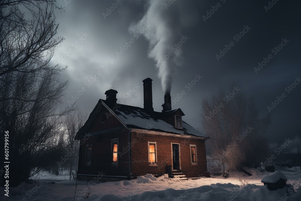 Chimney releases smoke from snowy farmhouse under dark sky with cloudy foreground. Generative AI