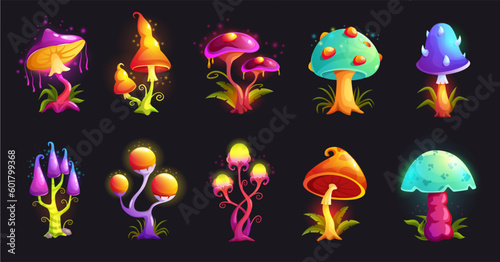 Fantasy mushrooms. Magic fungus, hallucinogenic neon fluorescent mushroom and alien forest fungi cartoon vector illustration set photo
