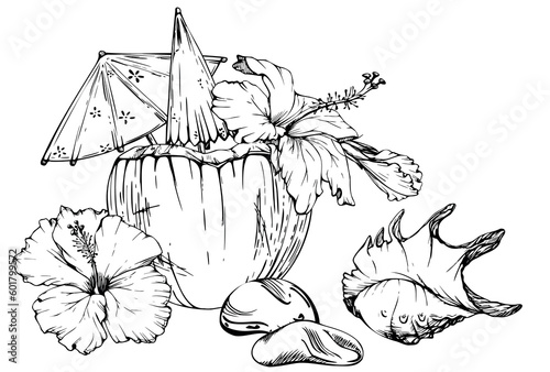 Hand drawn vector ink composition. Coconut cocktail with paper umbrellas, hibiscus flowers. Isolated on white background. Design wall art, wedding, print, fabric, cover, card, tourism, travel booklet.
