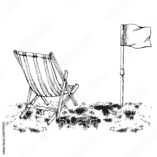 Hand drawn vector ink composition. Seascape with beach sketch flag and striped chair on shore. Isolated on white background. Wall art, wedding, print, fabric, cover, card, tourism, travel booklet.