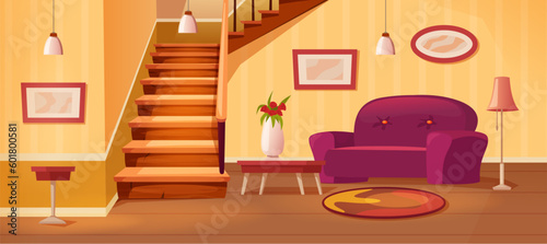 Cartoon interior with staircase. Cozy hallway room, home inside and two-story apartments vector background illustration