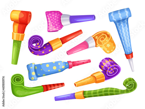 Cartoon party blowers. Tube horn, blowing noisemaker for birthday celebration and whistle blowout toy with long pipe vector illustration set