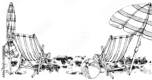 Hand drawn vector ink composition. Striped beach accessories, umbrellas and chairs on sand. Isolated on white background. Design wall art, wedding, print, fabric, cover, card, tourism, travel booklet.