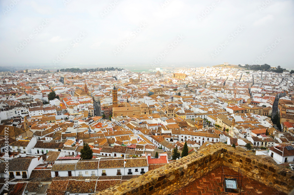 Panorámica de la ciudad de Antequera vista desde la Alcazaba en un día nublado de invierno. Antequera, ciudades de la provincia de Málaga, Andalucía, España