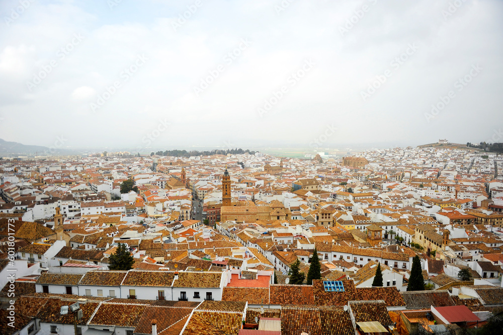 Scenic view of the city of Antequera seen from the Alcazaba on a cloudy winter day. Antequera, cities of the province of Malaga, Andalusia, S