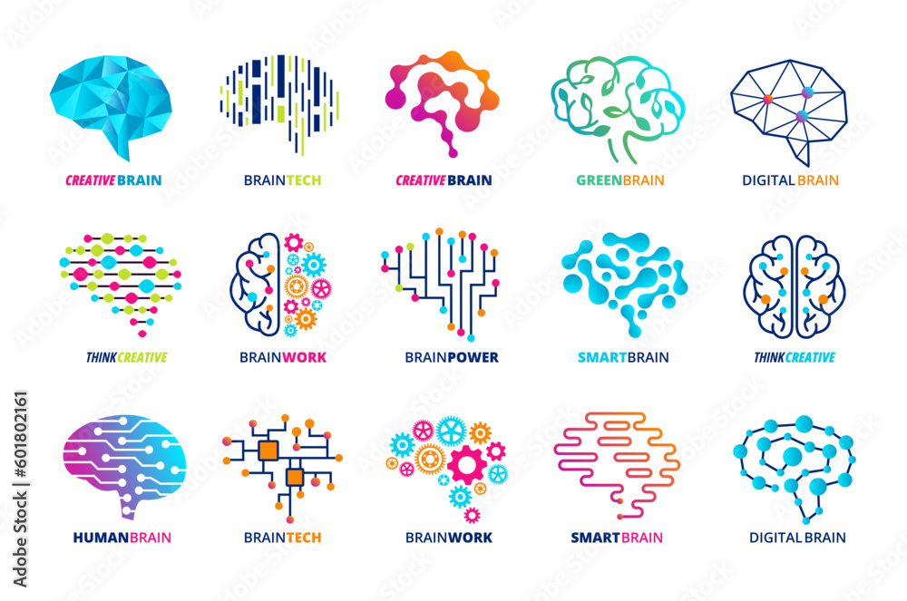 Brain emblem template. Smart assistant, ai and human brains, neural engine and creative mind vector icons set - obrazy, fototapety, plakaty 