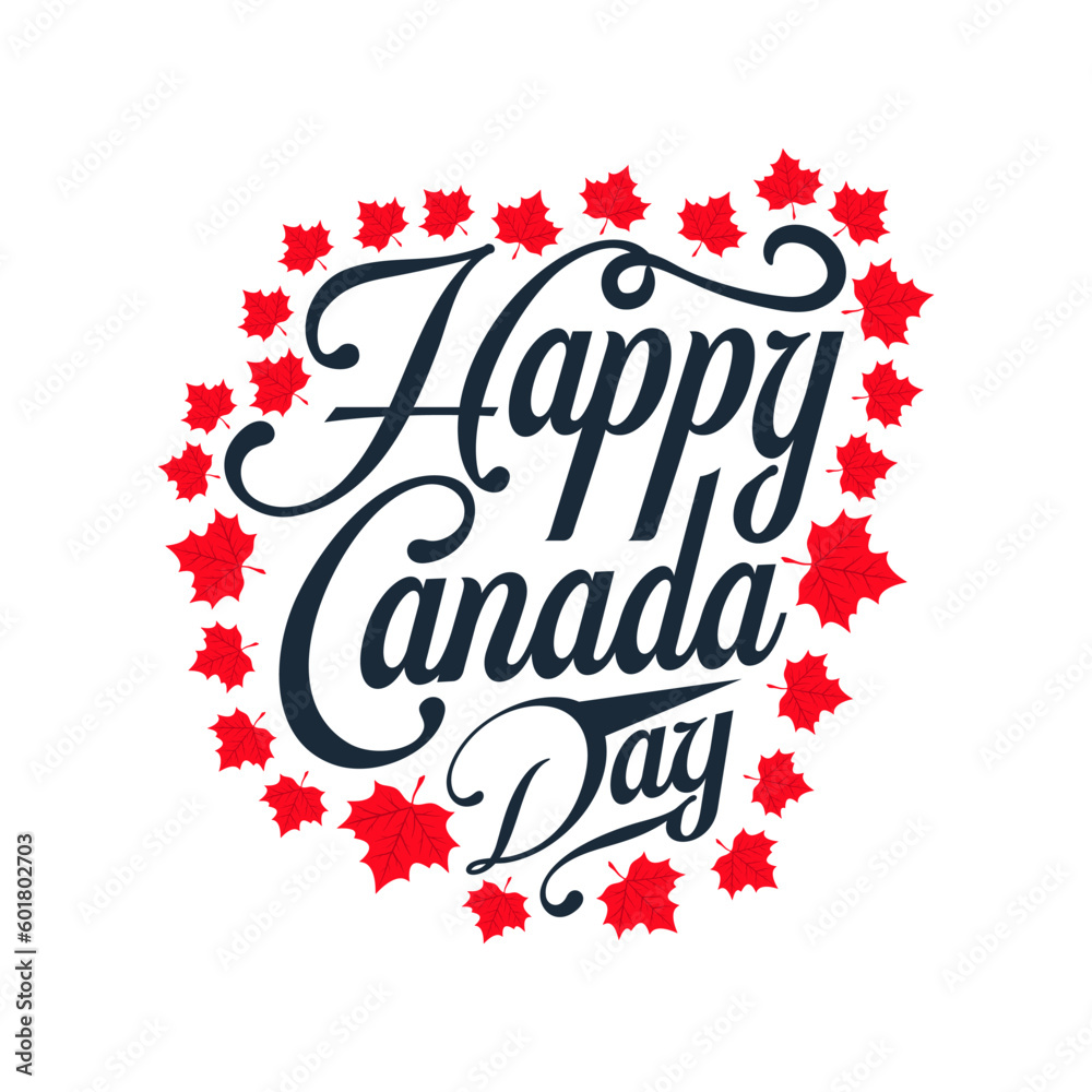 Happy Canada Day Holiday Invitation Design. Red Leaf Isolated on a white background. Greeting card with hand drawn calligraphy lettering.  Concept of Happy Canada Day.