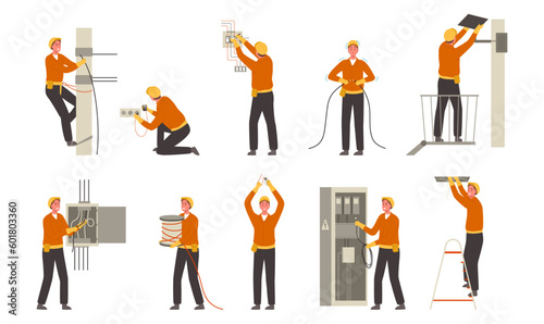 Cartoon electricians. Professional electricity worker, power lines maintenance engineer and energy supply transformer repair. Risky work with high voltage vector illustration