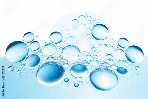 A group of bubbles floating on top of water. White background and copy space. Generative ai