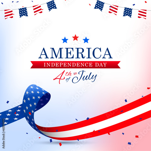 4th of July independence day social media greeting post banner, poster, template design with USA flag waving ribbon, and bunting decoration. Vector illustration.
