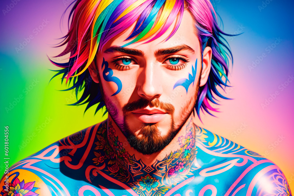 Portrait of a young gay man with colorful hair and tattoos on the face and body. Handsome homosexual. Generative AI.