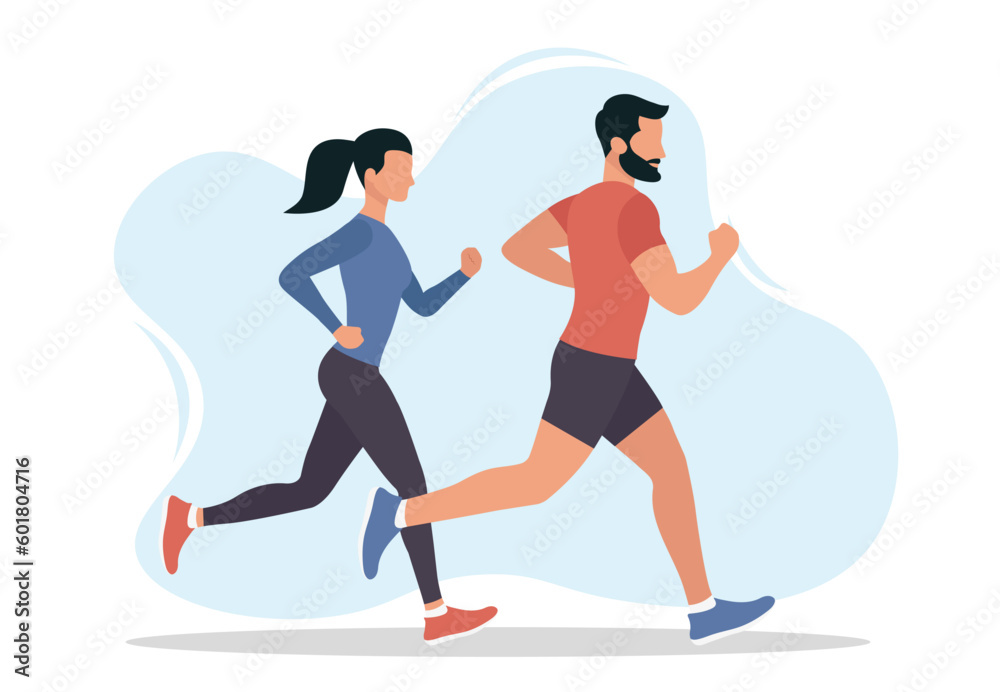 Running man and woman. Sport, healthy lifestyle, weight loss. Vector illustration in flat style. isolated on white background.
