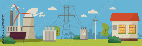 Electric power distribution chart. Electricity supply scheme from power plant to house, power supply line poles, cables and transformers cartoon vector illustration