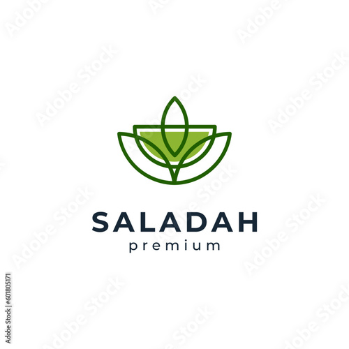 leaves and bowl for salad, vegan or healthy food logo	