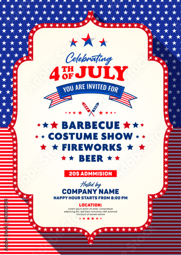 4th of july invitation, poster, banner, flyer, banner template with list of sample evening show lists. Decoration with usa star, pattern, firework, etc. Vector A4 design. 
